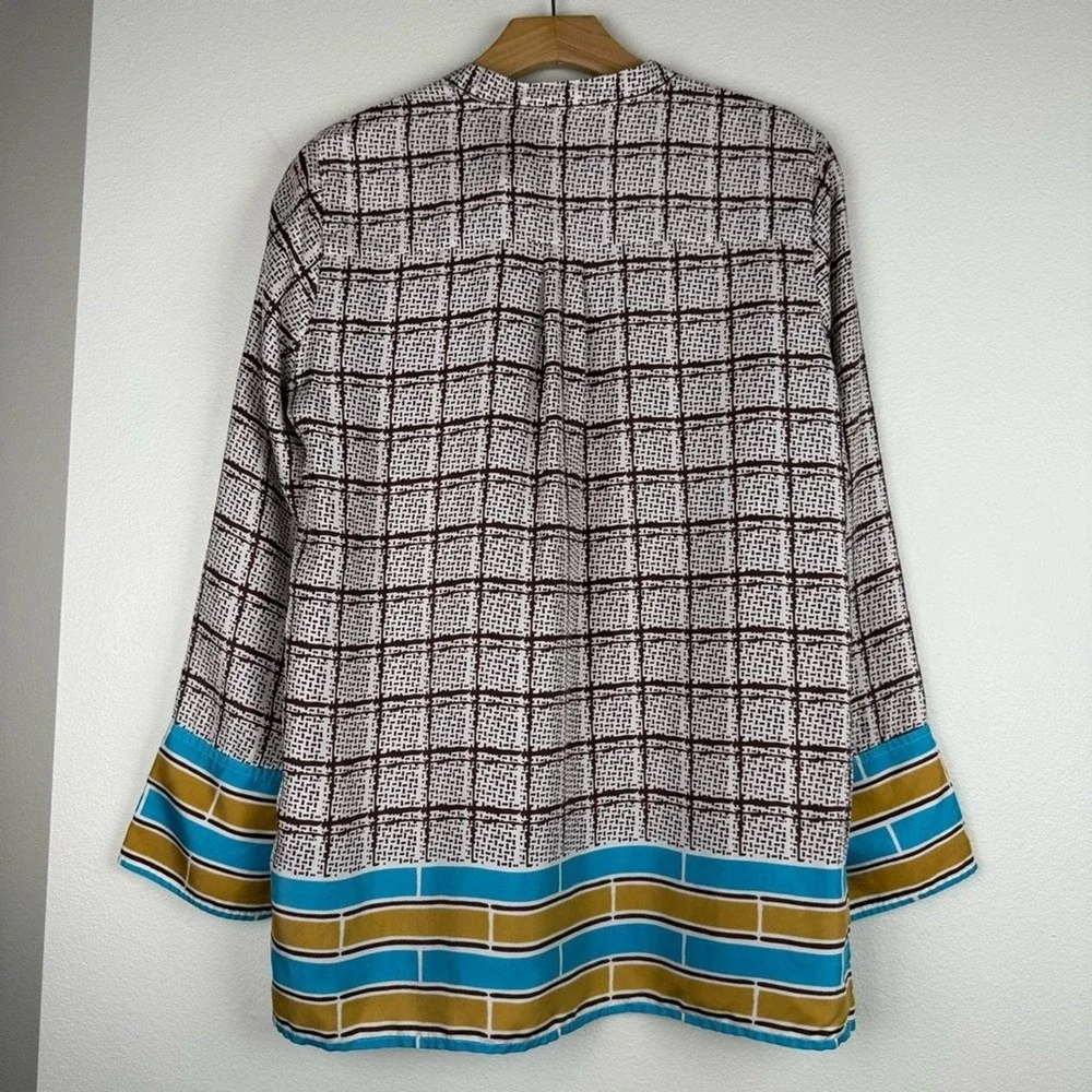 J. Crew Collection Silk Twill Speckled Plaid Blouse Tunic Gold Blue Womens Small